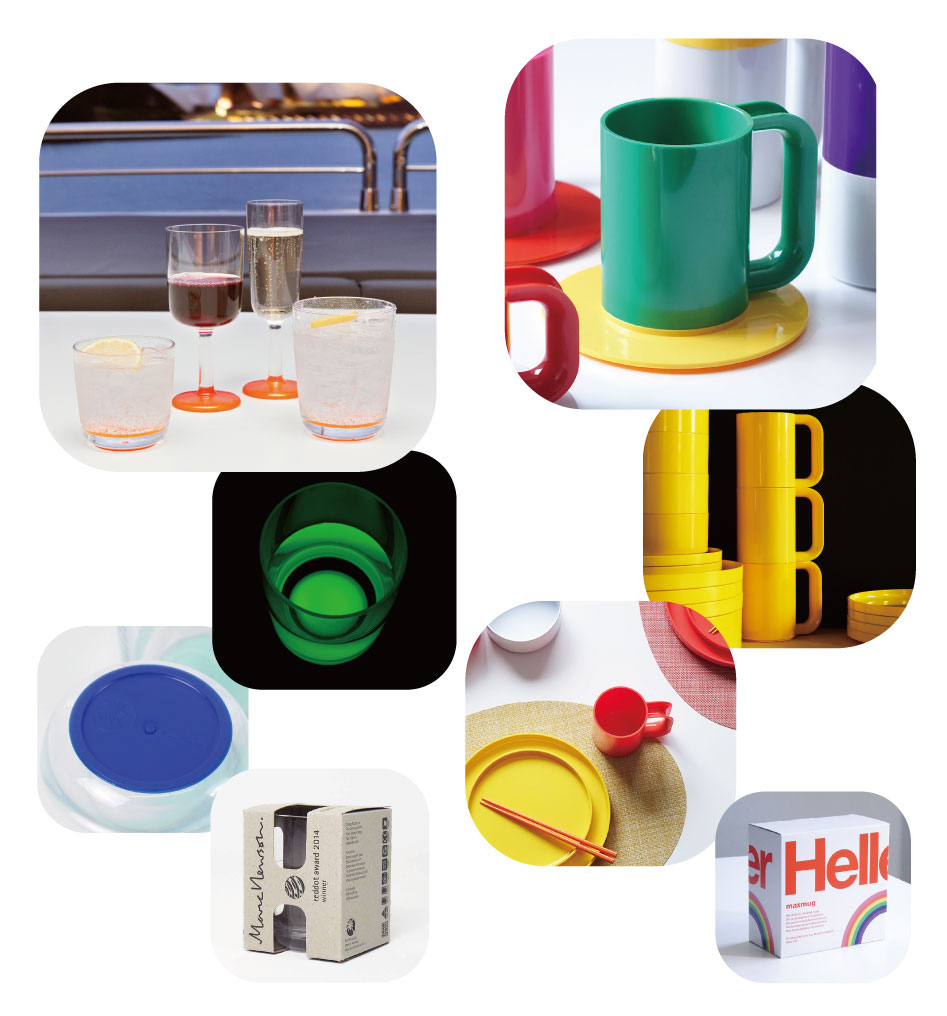 Palm Productsから発売されたマークニューソンのトライタン樹脂製のグラスとHellerから発売されたマッシモ・ヴィグネリのポリスチレン製のマグカップ